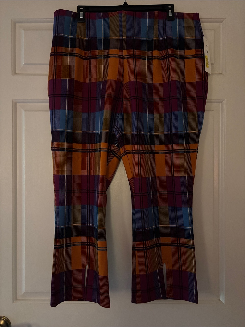 Investments Plaid Cropped Pants in Mustard, Blue & Magenta kick flare
